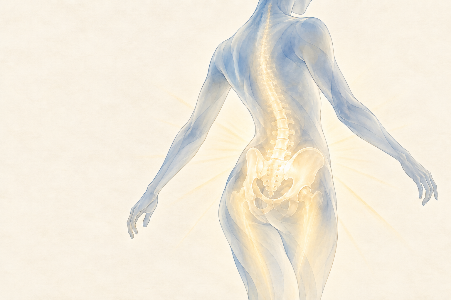 Silhouette en mouvement avec un bassin lumineux irradiant la colonne et les jambes